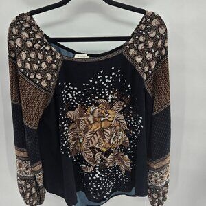 Black Floral Long-Sleeve Boho Blouse with Brown Accents